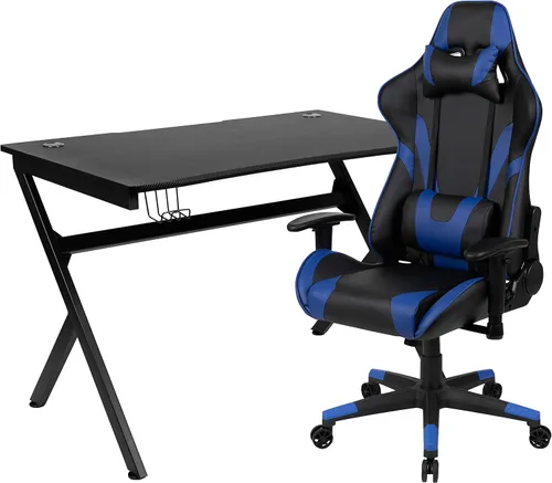 Miniatura 68 de Flash Furniture Juego de escritorio para juegos negro y silla de carreras blanco/negro con soporte para tazas, gancho para auriculares y soporte