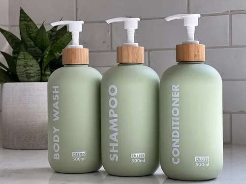 Miniatura 7 de Dispensador de Champú y Acondicionador OLLIES, Dispensador de Jabón de Ducha para Baño - Juego de 3 con Etiqueta Elegante Permanente - Botellas