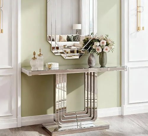 Miniatura 13 de Mesa consola con espejo de 55 pulgadas, mesa larga para sofá de sala de estar, oficina, detalles de cristal de diseño hexagonal, moderno escritorio