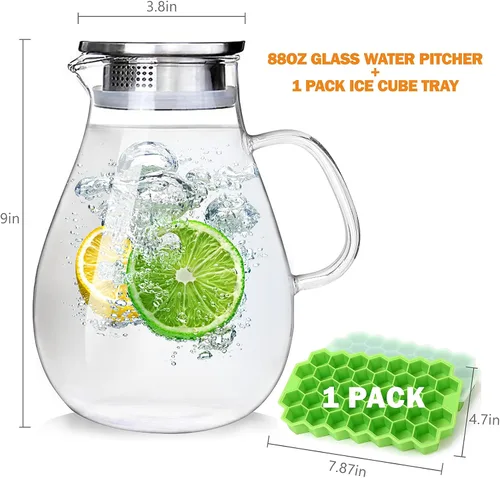Miniatura 8 de Jarra de vidrio de 88 onzas con tapa y asa, jarra de agua de vidrio de alta resistencia al calor para agua caliente/fría y té helado con bandeja
