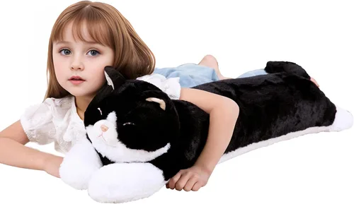 Miniatura 8 de Juguete de peluche grande de 32 pulgadas, almohada grande de peluche de gato largo y grande, regalo de peluche de gatito blanco y negro para niños