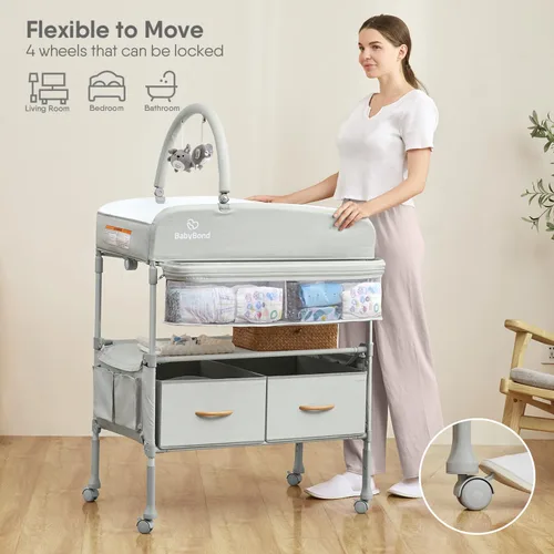 Miniatura 2 de BabyBond Cambiador portátil para bebé con 2 cestas de almacenamiento, cambiador plegable cómoda cambiador de pañales, estación de cambio ajustable