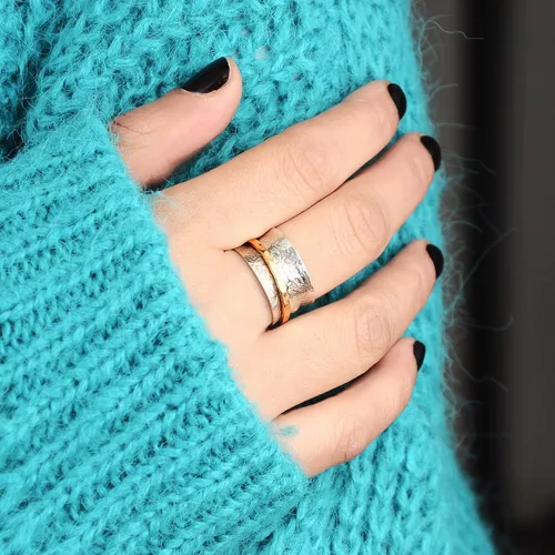 Miniatura 2 de Boho-Magic Anillo giratorio de plata de ley 925 para mujer con anillo antiestrés de latón, banda de flores