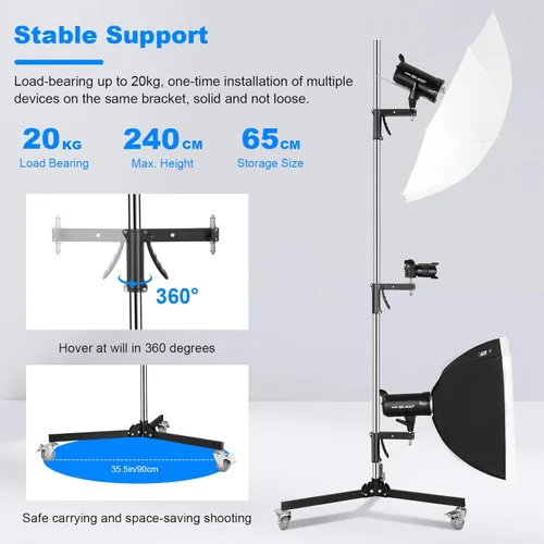 Miniatura 2 de Soporte de agarre de pistola resistente, soporte de luz rodante de fotografía de 8.2 ft/8.2 pies con ruedas y un brazo deslizante Carga máxima