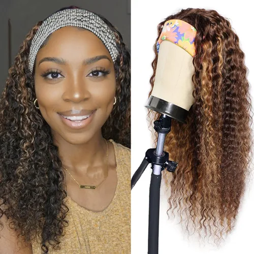 Miniatura 21 de Peluca de cabello humano con diadema de ondas profundas, sin pegamento, pelucas de cabello rizado sin encaje frontal, pelucas de cabello humano