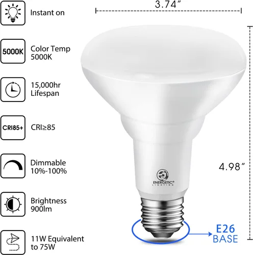Miniatura 2 de Energetic - Paquete de 12 bombillas LED empotrables BR30 de 75 W, regulable, 900 lúmenes, luz diurna 5000 K, base E26, luz de inundación
