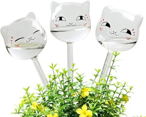 Miniatura 7 de Paquete de 3 globos de riego automático para plantas, lindos gatos transparentes, mini bombillas de cristal transparente para interiores