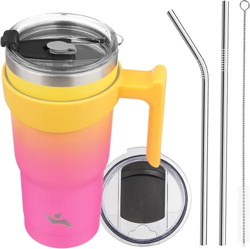 Miniatura 40 de Konokyo - Vaso de 10 onzas con asa y 2 popotes, 2 tapas, botella de agua aislada de acero inoxidable, taza de viaje reutilizable, color verde militar