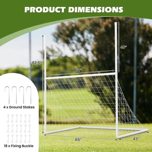Miniatura 7 de GYMAX Red de fútbol 2 en 1 y poste de portería de fútbol, 65 x 43 pulgadas, blanco, juego de portería de fútbol para niños con estacas de tierra