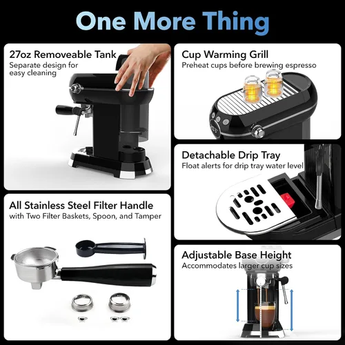 Miniatura 8 de HBN Máquina Compacta de Espresso de 20 Bar con Espumador de Leche, Tanque de Agua Extraíble de 27oz para Espacios Pequeños, Cafetera Casera