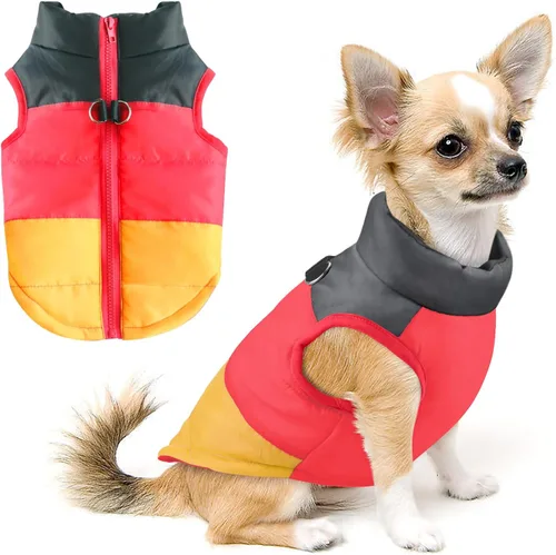 Idepet Abrigo para Perro y Gato con Punto de Anclaje para Correa, Diseño de Retazos de Colores, Chaleco Acolchado para Cachorro, Chaqueta, Disfraces
