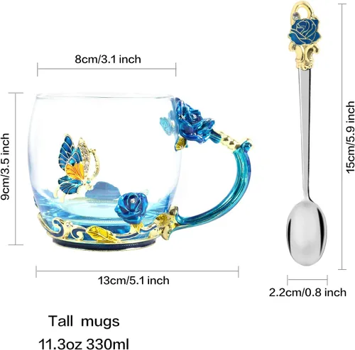 Miniatura 3 de Taza de Té Esmaltada de Camping de Verano, Taza de Café con Juego de Cuchara de Vidrio Transparente Hecho a Mano con Esmalte de Mariposa y Flores