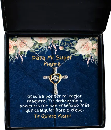 Regalo para mamá | Gracias por ser mi mejor maestra - Collar para madres con cruz, Zinc chapado en plata.