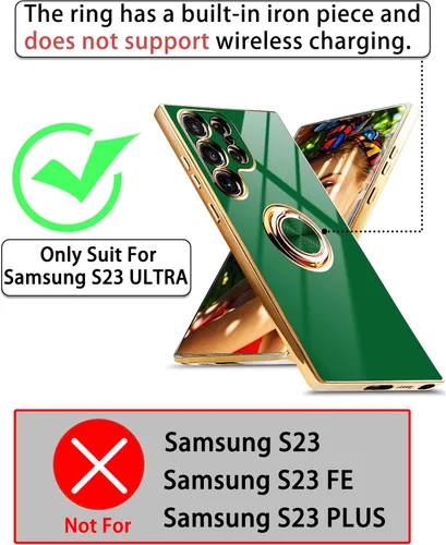 Miniatura 2 de Funda para Samsung Galaxy S23 Ultra 5G, soporte de anillo de rotación de 360° incorporado, soporte magnético, borde chapado brillante de lujo, Verde