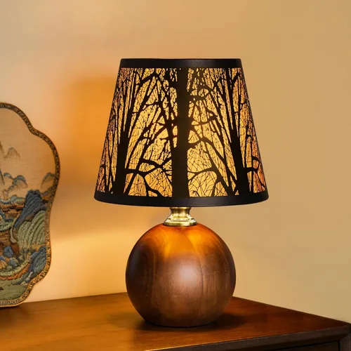 Lámpara de mesa pequeña de bosque rústico de 11.4 pulgadas, base de madera maciza y pantalla de árbol de metal con lámpara de noche regulable de 3