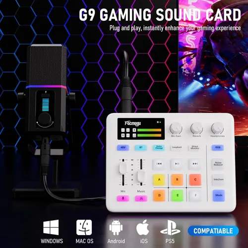 Miniatura 2 de Facmogu Mezclador de audio G9, mezclador de PC RGB de transmisión con interfaz de micrófono XLR, atenuador de volumen, botón de silencio