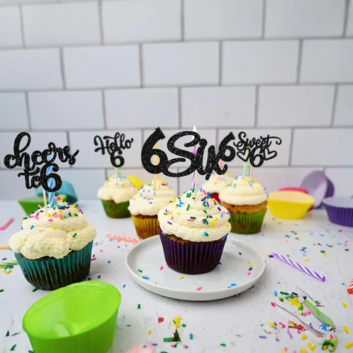 Miniatura 4 de 30 piezas Adornos para pastel de cumpleaños de 6 años, seis brillos, hola 6, púas para cupcakes, felicitaciones a los 6 años, decoraciones