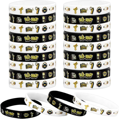 Serencatcher 24 pulseras de silicona de hip hop, notorias pulseras de recuerdo de fiesta, color negro y dorado para los años 80, 90, hip hop, rock