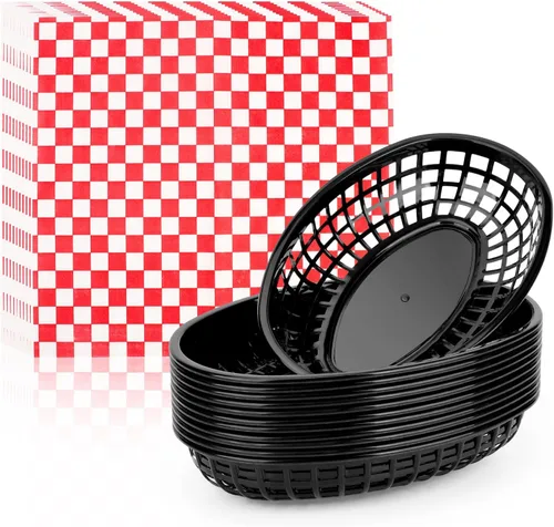 EUSOAR Cestas de hamburguesa y forros de papel, 12 cestas reutilizables de plástico negro de 9.4 x 5.9 pulgadas para servir alimentos y 10 x 11