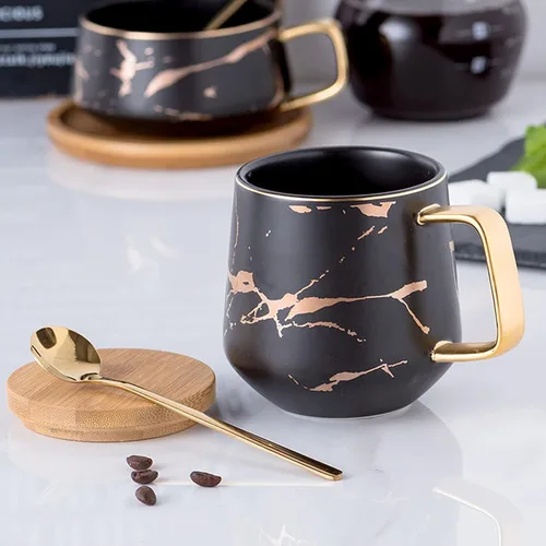 LUCCK Taza de café de cerámica con tapa de madera, taza de té de 14.5 onzas, tazas de café de mármol con incrustaciones doradas de lujo con tapa,