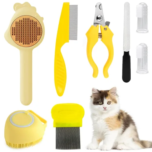 Miniatura 8 de VCZONE Kit de aseo de cepillo para gatos, kit de limpieza automática para mascotas con cortaúñas y lima para mascotas, peine de pulgas, cepillo