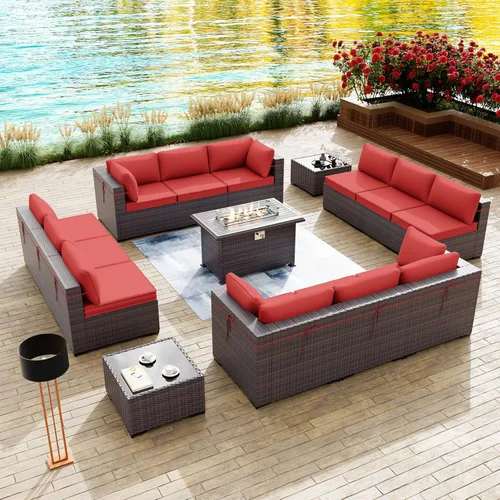 Miniatura 24 de Kullavik Juego de 13 muebles de patio al aire libre con mesa de fogata de gas propano de 43 pulgadas, 55000 BTU, mimbre de polietileno, sofá Arena