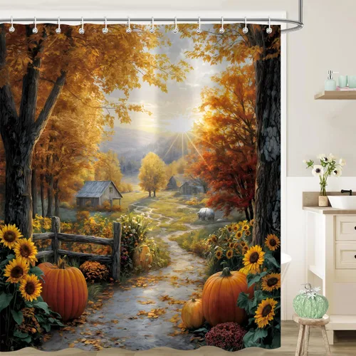 Miniatura 3 de Cortina de ducha de otoño, decoración de baño de árbol de calabaza, 72 x 72 pulgadas, tela de poliéster, cortina de baño impermeable con 12 ganchos