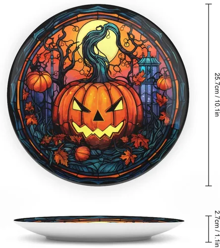 Miniatura 2 de Platos decorativos de Halloween, calabaza en el bosque, 31 de octubre por la noche, vitral, plato de cena de cerámica con soporte de exhibición