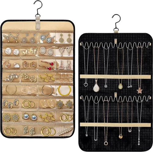 Miniatura 10 de Tefola Organizador de joyas colgante, organizador de collares de doble cara, organizador de joyas para aretes, collares, anillos, lentes