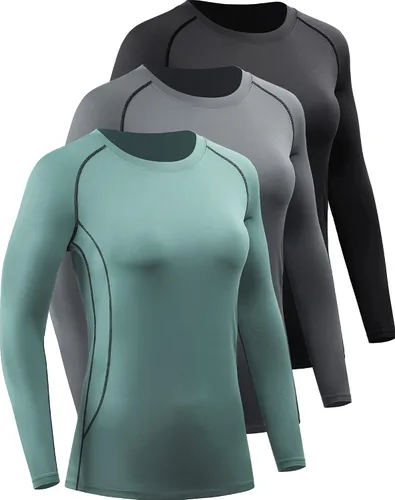 Miniatura 22 de CADMUS Paquete de 1 o 3 camisetas de entrenamiento de manga larga para mujer, camiseta de compresión de ajuste seco para correr
