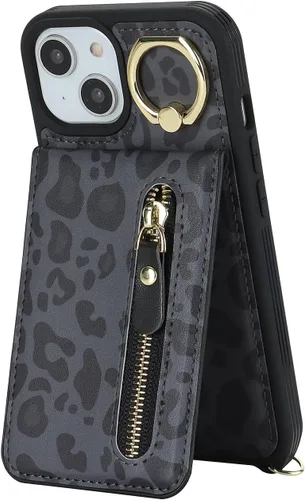 Miniatura 5 de Funda para iPhone 13 mini con tarjetero y correa para mujer, bolsa cruzada con soporte de anillo con cremallera para Apple 13mini, leopardo negro