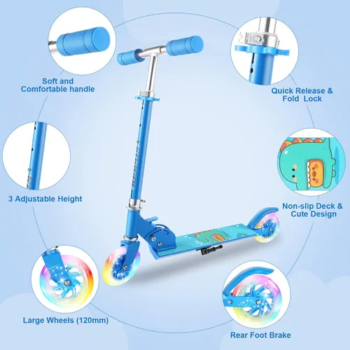 Miniatura 4 de Patinete para niños de 3 a 12 años - Patinetes para niños con ruedas LED iluminadas y manillar ajustable en 3 niveles, patinete rosa plegable y Azul