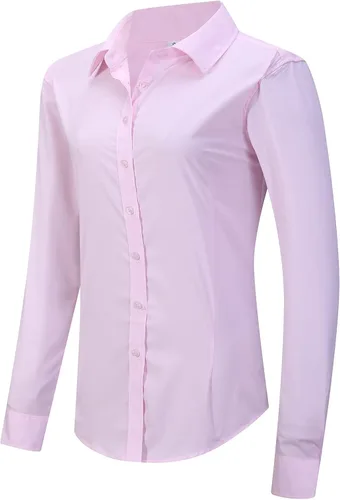 Miniatura 12 de MGWDT Camisa de trabajo con botones para mujer, ajustada, resistente a las arrugas, manga larga/corta, elástica, ligera