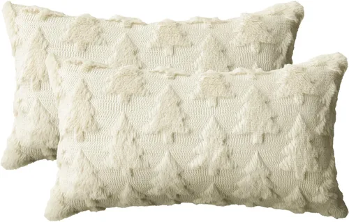 Miniatura 16 de AVOIN colorlife Juego de 2 fundas de almohada beige con árbol de Navidad, 16 x 16 pulgadas, felpa suave, piel sintética, jacquard, festivales