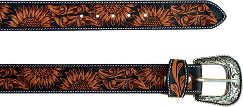 Miniatura 3 de Western Cuero Genuino Girasol Floral Tooled Casual Jeans Cinturón Con Hebilla Removeable 30AB101