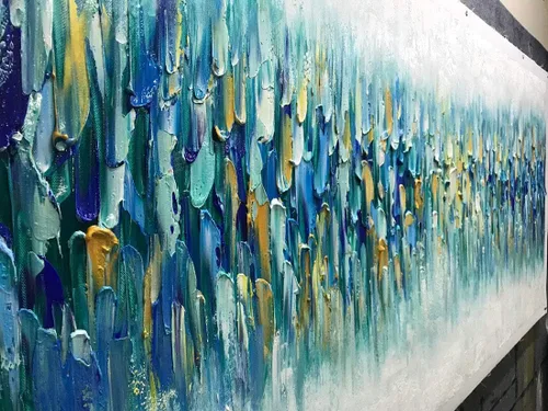 Miniatura 3 de AMEI Arte, 24 x 60 pulgadas, grande, pintado a mano, abstracto, texturizado, dorado, azul, pinturas acrílicas, arte de pared multicolor, estirado