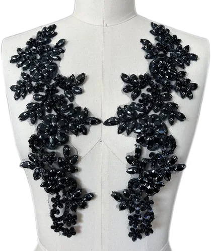 Miniatura 16 de 1 par de parches de encaje con cristales brillantes, cuentas de vidrio y piedras, para coser a mano, accesorios para decoración de vestidos de novia