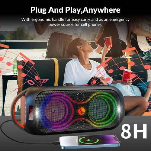 Miniatura 6 de Altavoces Bluetooth inalámbricos: sonido fuerte de 120 dB, 8 luces LED dinámicas, 5 modos RGB, Bluetooth 5.3, entrada TWS/USB/TF/AUX/FM/Mic, mango