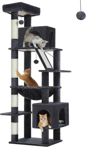 Miniatura 13 de Árbol para gatos de interior, 2 acogedores condominios con espaciosa percha superior, torre para gatos de varios niveles de 56.3 pulgadas con postes