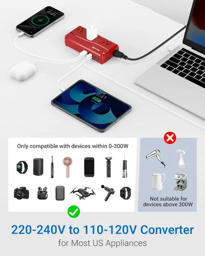 Miniatura 3 de BESTEK Adaptador de potencia internacional 250W, convertidor de voltaje de viaje de 220 V a 110 V con 4 puertos USB, incluyendo adaptador de enchufe