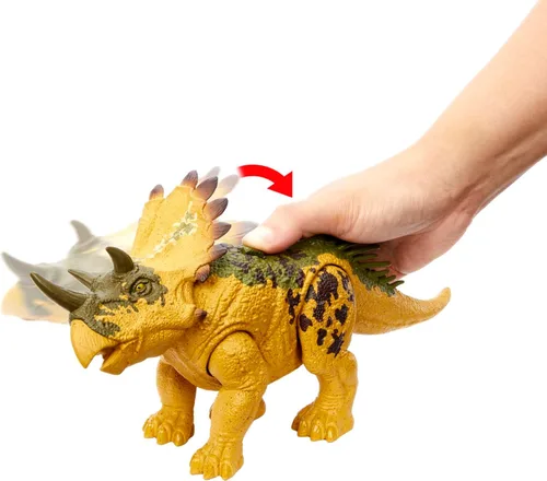 Miniatura 4 de Mattel Jurassic World Wild Roar - Juguete de dinosaurio con sonido y movimiento de ataque, figura de acción Regaliceratops Posable incluye juego