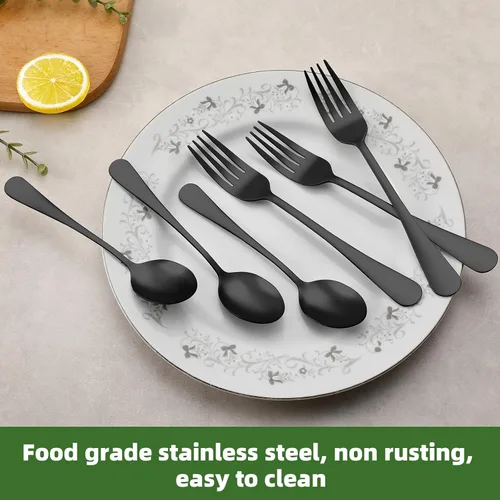Miniatura 3 de Juego de 24 cubiertos negros de tenedores y cucharas de acero inoxidable de grado alimenticio para cocina y restaurante, 12 tenedores de cena
