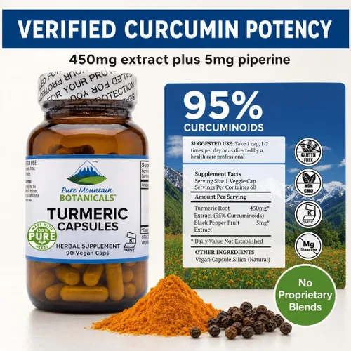 Miniatura 3 de Pure Mountain Botanicals Curcumina de cúrcuma con pimienta negra - 450 mg - 95% curcuminoides - 5 mg de piperina - 60 cápsulas Kosher veganas