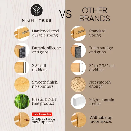 Miniatura 5 de Night Tree Separadores de cajones de bambú expandibles, organizadores de madera con resorte para ropa, utensilios de cocina, baño y cajones