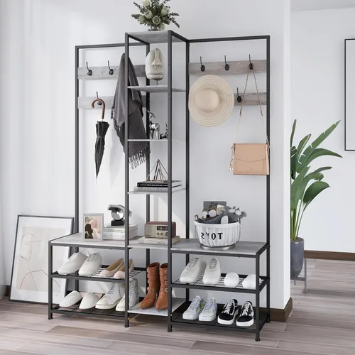 Miniatura 5 de GiftGo Árbol de entrada de esquina con estante para zapatos, banco de almacenamiento, exhibición, estantes abiertos, moderno, industrial, perchero