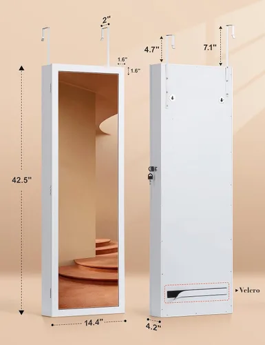 Miniatura 8 de Nicetree Armario de joyería con espejo de 6 LED, organizador de joyas con cerradura de gran capacidad, espejo montado en puerta o pared