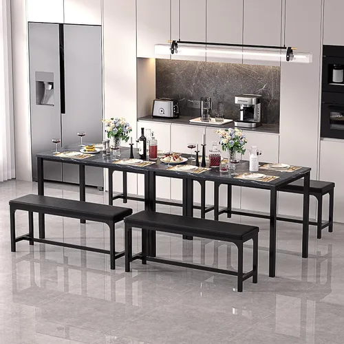 Miniatura 5 de VECELO Mesa de cocina extensible de 3 piezas de 63 pulgadas con bancos/sillas, moderno juego de desayuno/comedor para 4/6/2, diseño de ahorro