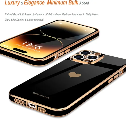 Miniatura 4 de Teageo Funda para iPhone 14 Pro para mujeres y niñas, lindo corazón de amor, chapado de lujo, cubierta trasera suave, protección completa de la Negro