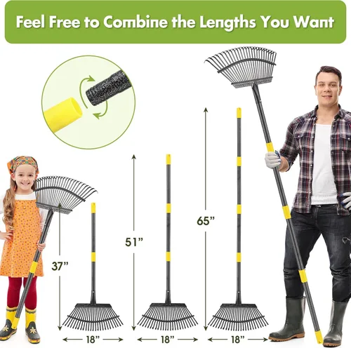 Miniatura 3 de INFLATION Rastrillo de jardín resistente para hojas para césped, 65 pulgadas de largo, 18 pulgadas de ancho, ajustable, 25 púas, rastrillo de hojas