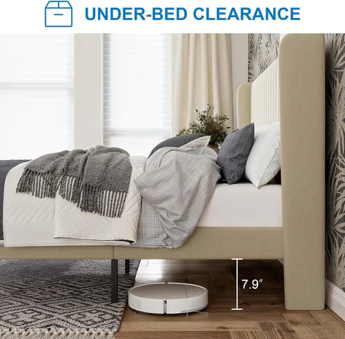 Miniatura 7 de GOLDORO Base de cama tapizada de tamaño matrimonial con cabecera de ala capitonada de canal vertical, soporte de listones de madera, no necesita